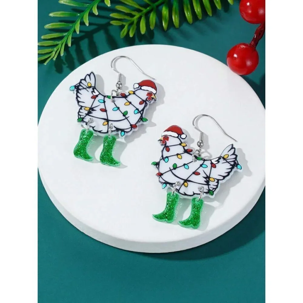 1pair European American Fashion Christmas Hat & Chicken Shaped Light Up Earrings